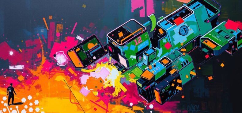 A classic oil painting with high contrast, low-key lighting and bright, vibrant colors, showcasing rich textures and visible brushstrokes for an energetic AI digital transformation, cyber tech style