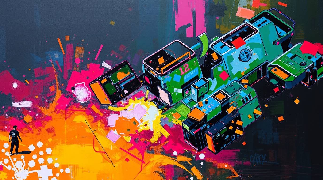 A classic oil painting with high contrast, low-key lighting and bright, vibrant colors, showcasing rich textures and visible brushstrokes for an energetic AI digital transformation, cyber tech style